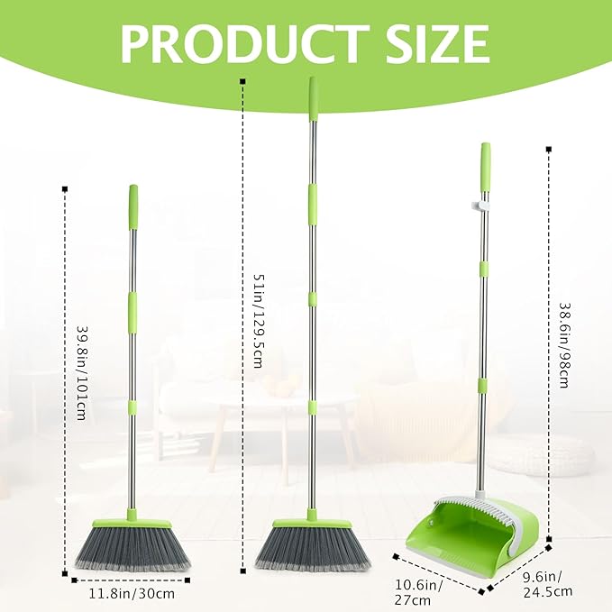 Broom and Dustpan Set, Dustpans with Broom Combo for Home, Heavy Dust Broom and Dustpan Combo, Long Handle Dust Pan and Broom Set for Kitchen, Office, Pet Hair(Gray Green)