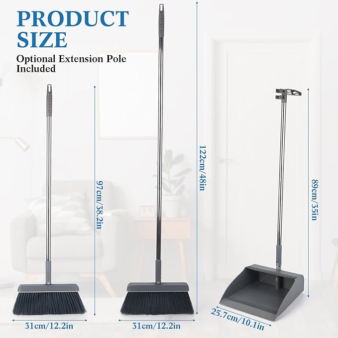 Nosiny 6 Broom and Dustpan Set with 48 Inches Long Handle with Stand up Dustpan Combo Set Large Size and Stiff Broom Dust Pan for Office Kitchen Lobby Floor Use