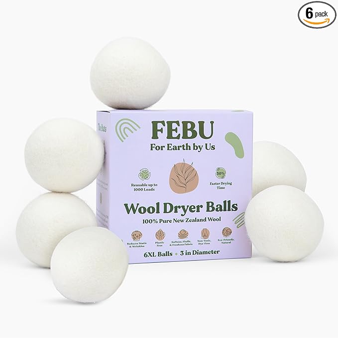 FEBU Wool Dryer Balls, 6-Pack, XL | 100% New Zealand Wool | Natural, Reusable Fabric Softener | Alternative to Dryer Sheets | Reduces Wrinkles, Shortens Drying Time, Zero Waste