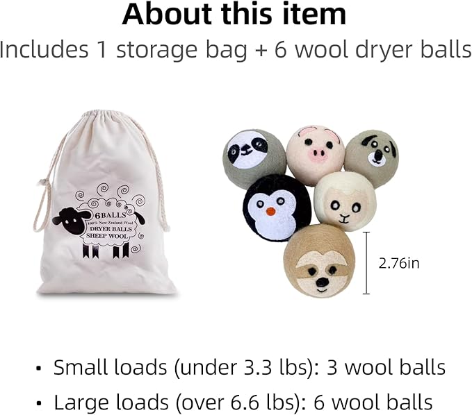 Natural Wool Dryer Balls XL 6-Pack - 100% New Zealand Wool, Reusable Eco-Friendly Fabric Softener, Reduces Wrinkles, Static & Drying Time, Chemical-Free Alternative to Dryer Sheets(WB-01)