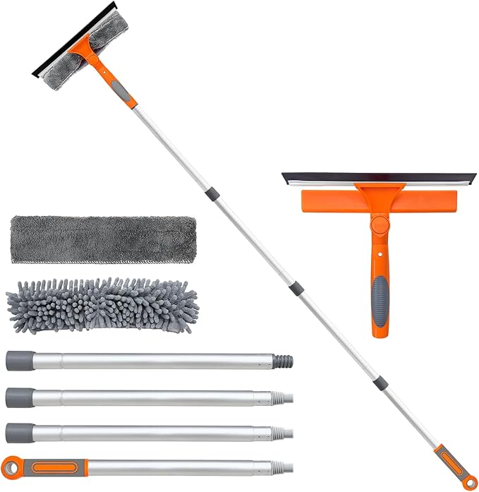 Professional Window Squeegee Cleaner, 2 in 1 Shower Squeegee with Extension Pole, 65”Telescopic Window Washing Equipment with 180°Adjustable Head, Glass Cleaning Tools for Outdoor High Window