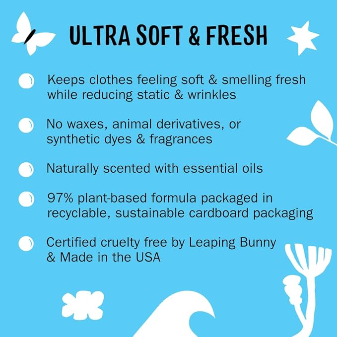 Molly's Suds Fabric Softener Dryer Sheets for Sensitive Skin | Plant-Based Static Reducer, Plastic-Free Packaging | Peppermint (120 Sheets)