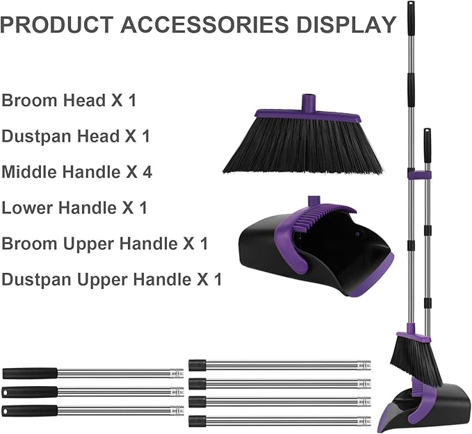 Broom and Dustpan Set, Large Household Dustpans and Broom with 55 Inch Long Handle, Pueple Broom with Dustpan Combo Set for Home