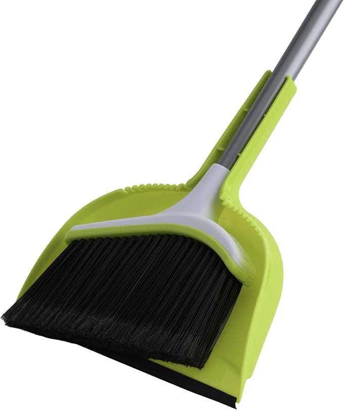 Casabella Basics 2-Piece Angled Broom and Dustpan Set, 44" Angled Broom with Long Handle and Dustpan, Silver/Green