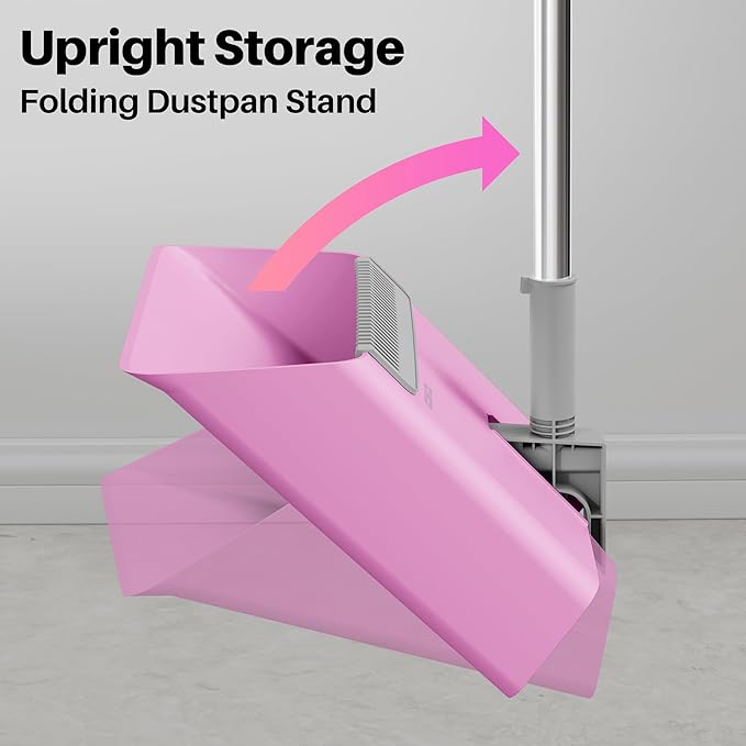 JOYMOOP Pink Broom and Dustpan Set with 56” Handle, Upright Angle with Built-in Comb Teeth for Hardwood Floors and Pet Hair