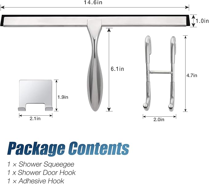 Simtive 14-Inch Shower Squeegee Set, Includes Shower Door Hook and Adhesive Hook, Squeegee for Shower Doors, Mirror and Window, Silver