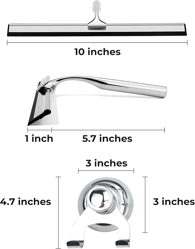 Squeegee for Shower Glass Door with Holder, 10" Silicone Blade, Stainless Steel Chrome Handle, for Kitchen Window, Bathroom Mirror & Car Glass Cleaning by Fab Glass and Mirror