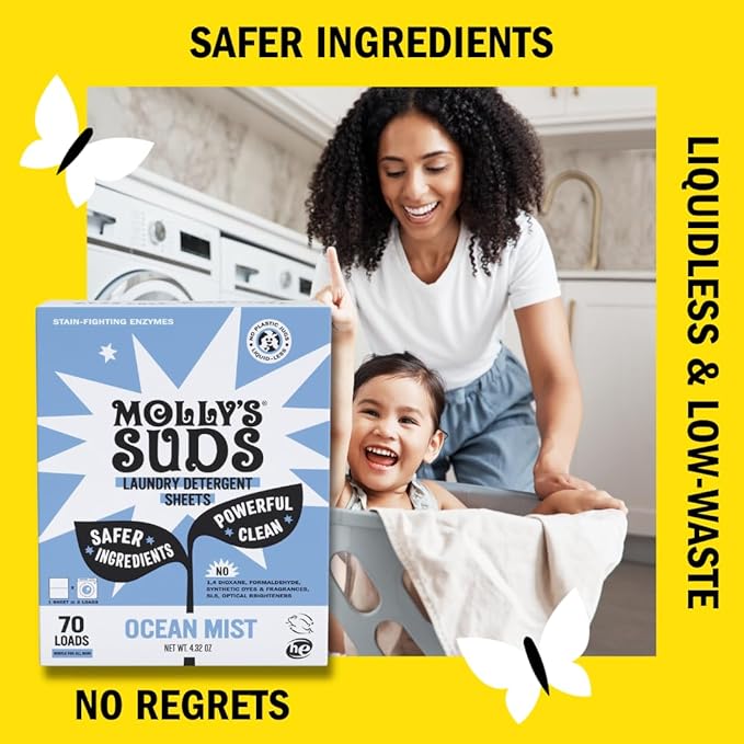 Molly’s Suds Laundry Detergent Sheets | Gentle on Sensitive Skin, Powerful Bio-Based Enzymes, Stain-Fighting | Liquidless & Plastic-Free Packaging | 70 Loads (Ocean Mist)