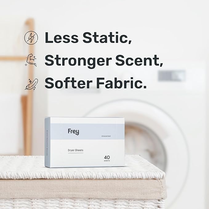 FREY Naturally Scented Dryer Sheets - Fabric Softener for Soft, Fresh & Clean Clothes (1-pack, Fragrance-free)
