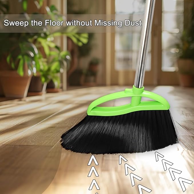 3 Packs Indoor Brooms Green Angle Broom Soft Bristles Long Handle for Hardwood Floor Sweeping