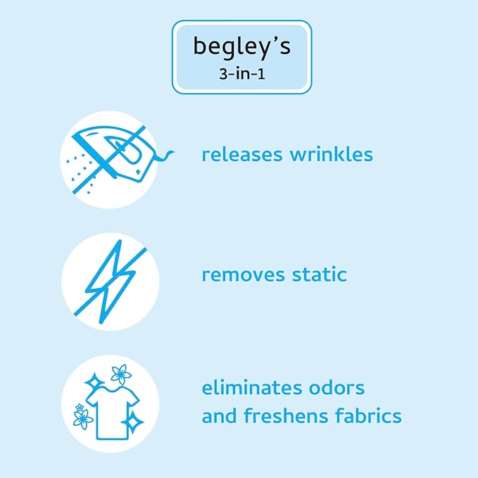 Begley's 3-in-1 Wrinkle Remover, Quick Fix Wrinkle Release, Static Cling Remover, Odor Eliminator and Fabric Refresher Spray - USDA Certified Biobased - Fragrance-Free, 16 oz