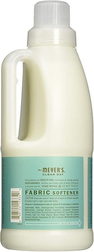 MRS. MEYER'S CLEAN DAY Liquid Fabric Softener, Infused with Essential Oils, Paraben Free, Basil, 32 oz - Pack of 6 (192 Loads)