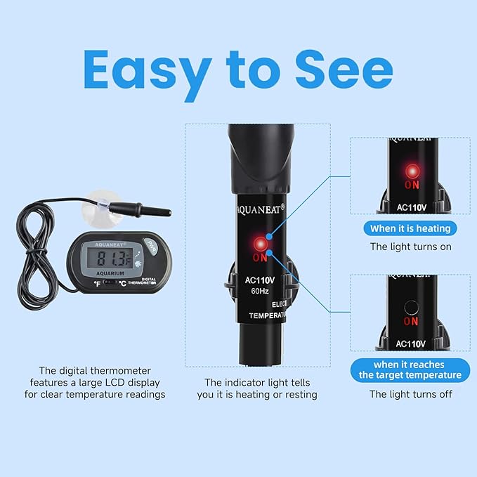 AQUANEAT Aquarium Heater, 25W Fish Tank Heater, Adjustable Submersible Water Thermostat with Digital Thermometer