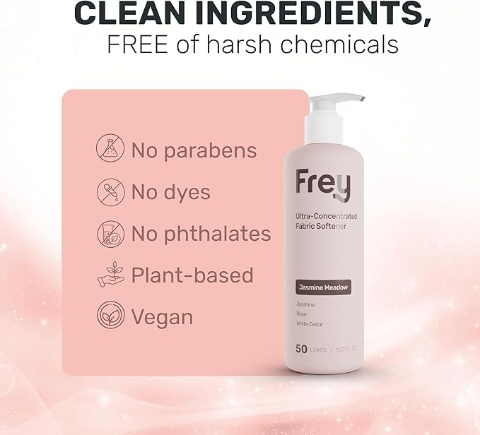 FREY Natural Liquid Fabric Softener & Conditioner | Laundry Softener for Clothing | Works In All Machines + HE | Powered by Natural Ingredients (1-pack, Jasmine Rose)