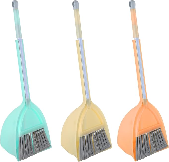 Mini Broom with Dustpan-Small Housekeeping Cleaning Sweep for Kitchen Bathroom Pet Nest Boat(3set,Blue+Orange+Yellow)
