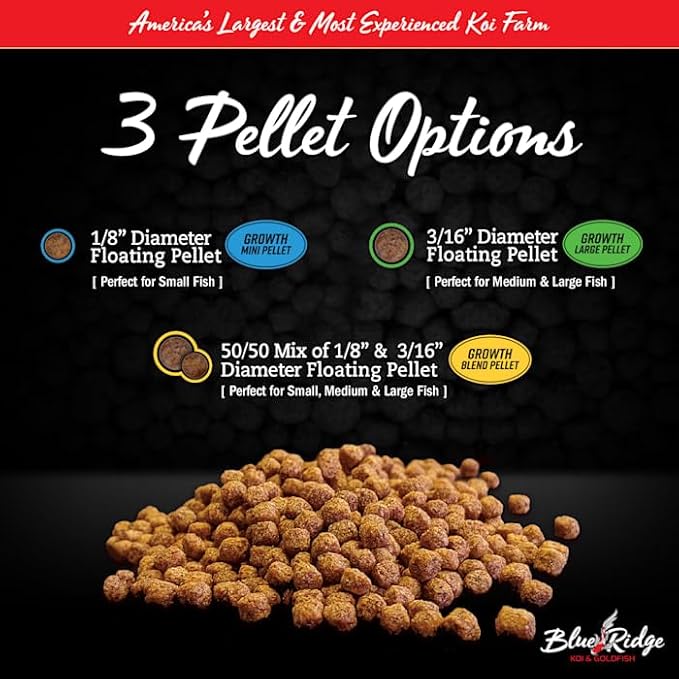 Blue Ridge Koi Fish Food 14lb - Koi Food 3/16” Large and Mini Blend Growth Formula, Goldfish Food, Premium Fish Food for Ponds, Ponds Fish Food, Floating Pond Pellets