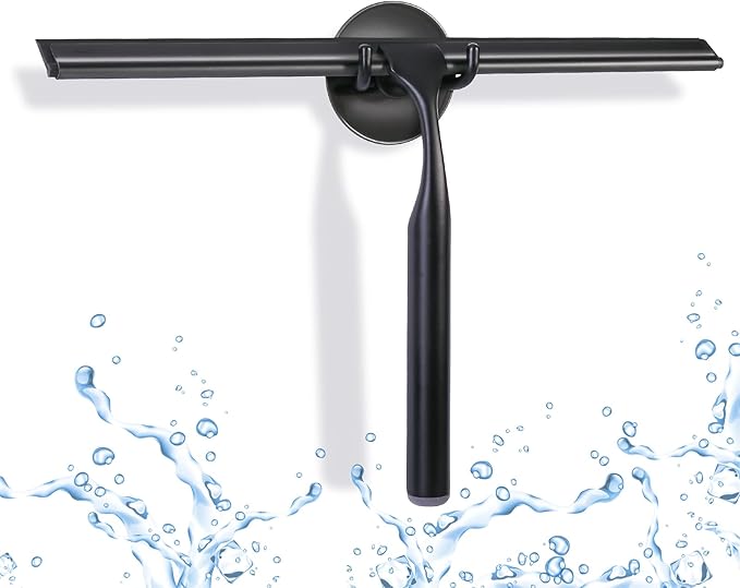 Quntis 12 Inch Squeegee for Shower Glass, Black Shower Squeegee with Adhesive Hooks Heavy Duty, Non-Slip Long Handle, Spare Blade, All-Purpose Squeegee Cleaning for Bathroom Doors Car Window