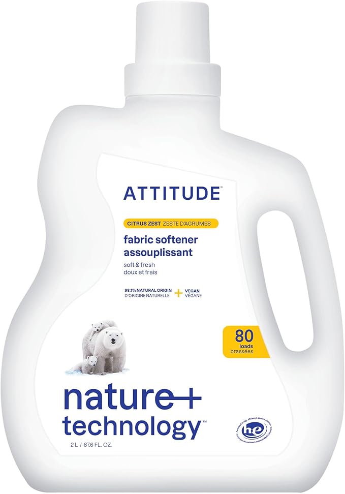 ATTITUDE Liquid Fabric Softener, Plant-Based & Vegan, HE Compatible, Naturally Derived, Citrus Zest Scent, 80 Loads, 67.6 Fl Oz