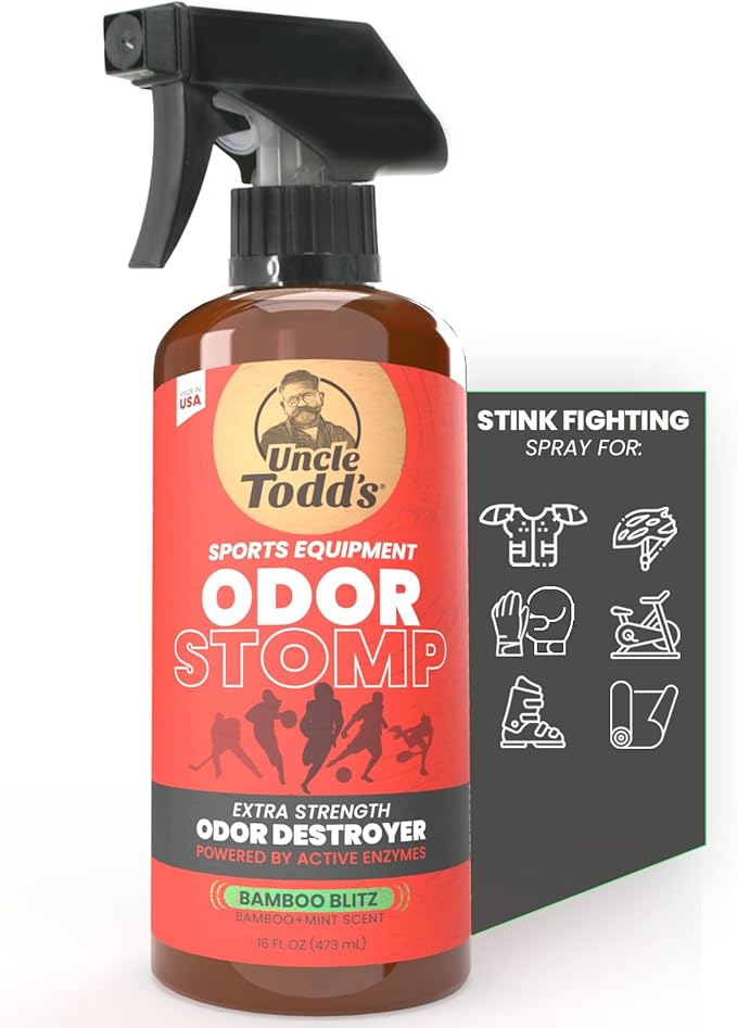 Uncle Todd’s Odor Stomp Sports Equipment Odor Eliminator Spray - Extra Strength Enzyme-Powered Deodorizer for Football, Hockey, Gym Bags, and Athletic Gear - Bamboo Blitz Scent - 16 oz