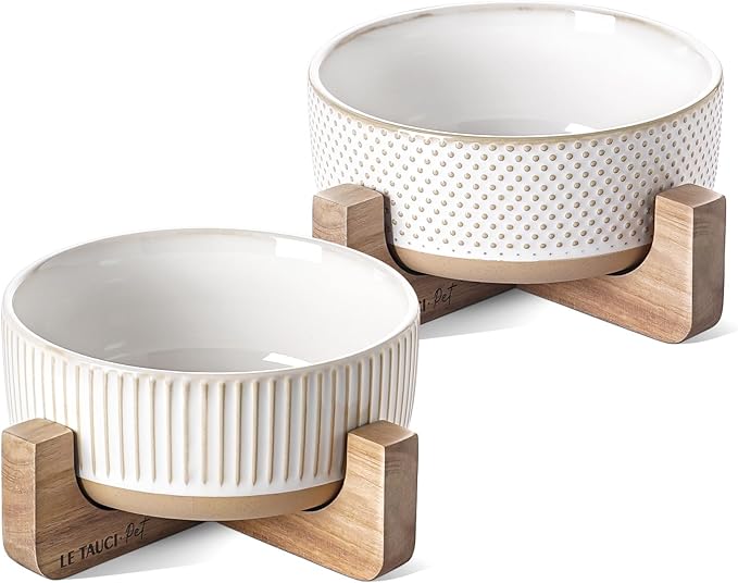 Ceramic Dog Bowls for Medium Small Dogs - 4 Cup Medium Dog Food and Water Bowls with Wood Stand, Cute Pet Dishes Set of 2, Lines+Dot