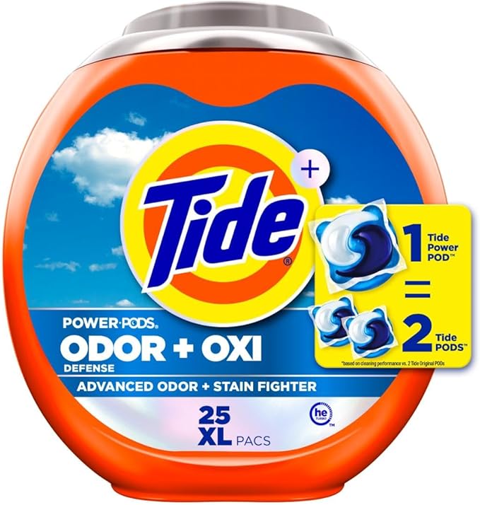 Tide Odor Defense + Oxi Laundry Detergent Pacs, Original Scent, 25 Count, Advanced Odor + Stain Fighter, laudry soap washing detergent pacs