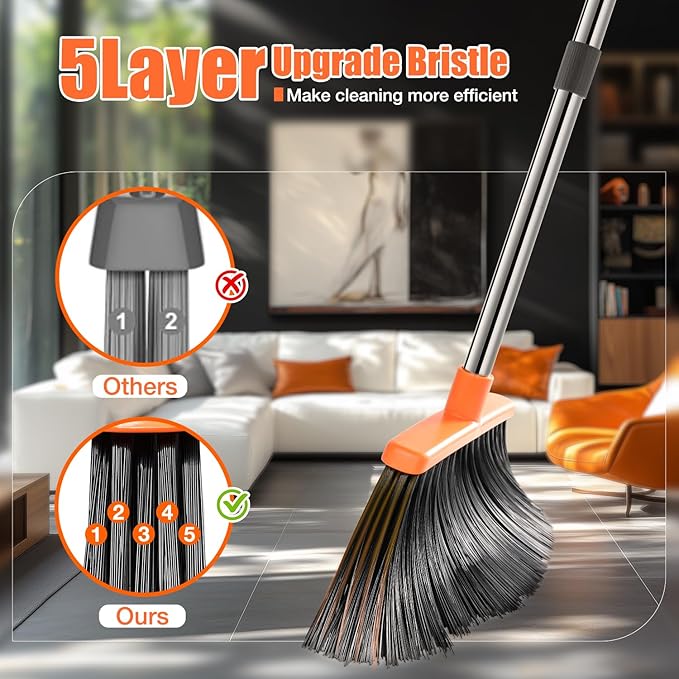 Broom and Dustpan Set, Upgraded Broom with Dustpan Combo Set with 56" Tall Adjustable Handle, Self-Cleaning Teeth, Upright Standing Dust Pan for Heavy Duty Indoor Outdoor Cleaning and Pet Hair