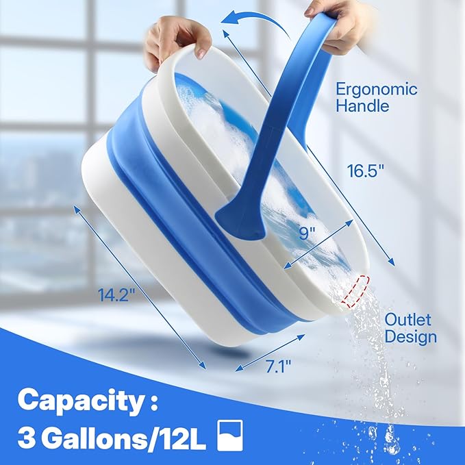 Window Cleaning Kit with Collapsible Bucket 3 Gallon, 14" Window Squeegee and 15" Scrubber with 61" Long Handle, Professional Window Washing Kit Cleaner Tool for Home Outdoor Office Commercial Use