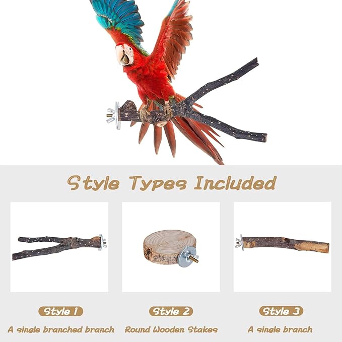 Libiline 8 Pieces Bird Perch Natural Wooden Parrot Perch Stand Fork Toys Hanging Multi-Branch Perches Platform Hammock Swing Toy for Macaws, Small Parakeets, Conures, Budgies, Finches (A-Color, Mix)