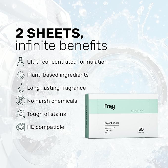 FREY Naturally Scented Dryer Sheets - Fabric Softener for Soft, Fresh & Clean Clothes (1-pack, Cedar Grove)