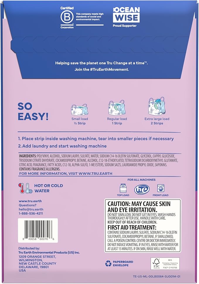 Tru Earth Compact Dry Laundry Detergent - Up to 128 Loads (64 Sheets) - Paraben-Free - Original Eco-Strip Liquidless Detergent, Travel - Lilac Breeze | Packaging May Vary