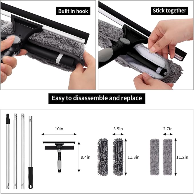 Professional 72'' Window Squeegee Cleaning Washing Tool/Kit with Extension Pole, 3 in 1 Squeegee for Window Cleaning Kit for High Window with 1 Rotatable Head 4 Interchangeable Scrubber