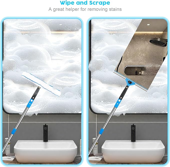 Window Squeegee，5 in 1 Bendable Head Window Squeegee for Home，61''Extension Poles，Bendable Head car Window Cleaner Tool，Squeegee for Shower Glass（Blue）