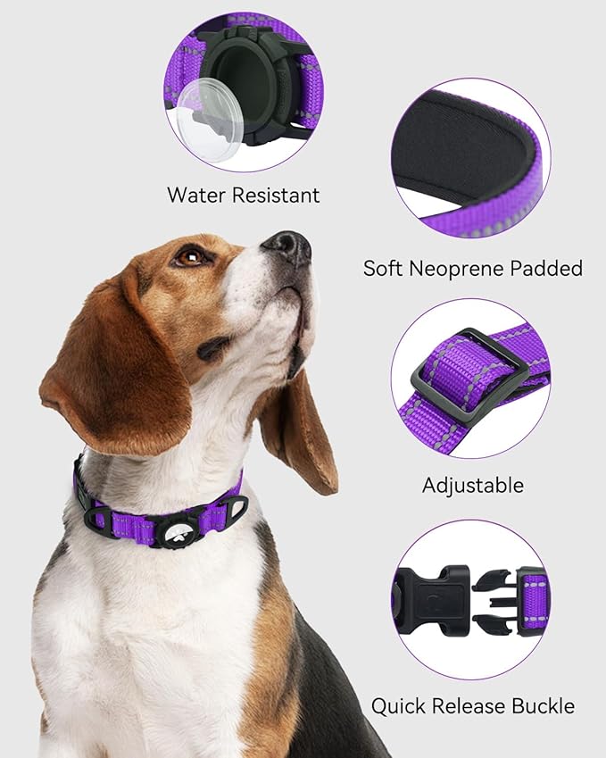 Joytale Airtag Dog Collar, Reflective Pet Collar with Waterproof AirTag Holder, Dual D-Rings, Soft Padded Adjustable for Medium Dogs, Purple, M