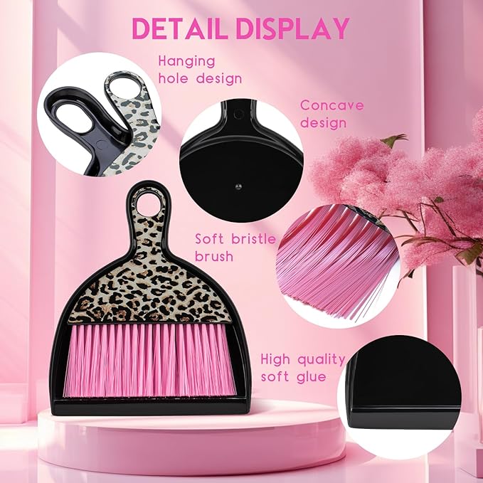 THINKLEARN 2PCS Mini Dustpan and Brush Set, Small Broom and Dustpan Set with Pink Leopard Print Design, Hand Broom Whisk Broom and Dust Pan for Cleaning Desk, Home, Cars, Pets, Kids