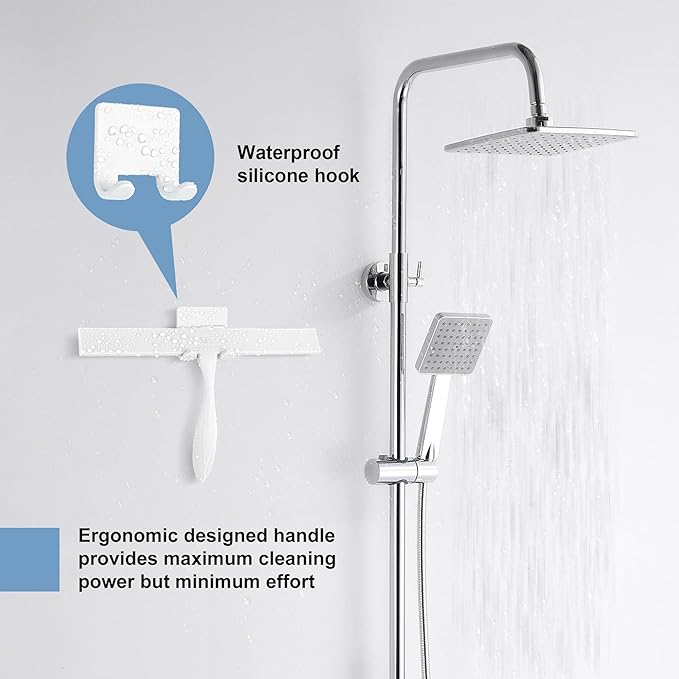 Shower Squeegee for Glass Doors, 11-Inch Silicone Squeegee with Non-Slip Handle and Adhesive Hook for Bathroom, Mirror, Tile, Car Window (White)