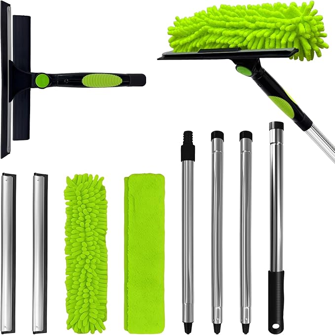 67'' Window Squeegee Cleaner Tool with Extension Pole, 2-in-1 Squeegee for Window Cleaning Kit with Scrubber and Rotating Head, 2 Blade 2 Scrubber for Indoor & Outdoor High Windows