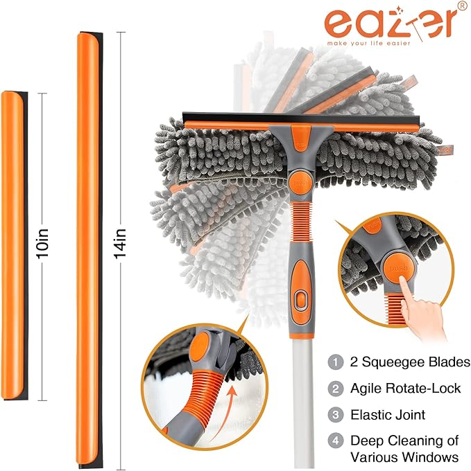 Eazer 89'' Squeegee Window Cleaner 2 in 1 Rotatable Window Cleaning Tool Kit with Extension Pole, Window Washing Equipment with Bendable Head for Indoor/Outdoor Window and Car Glass