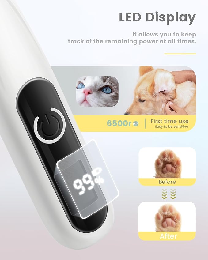 Dog Grooming Kit with LED Display, 35dB Ultra-Low Noise Dog Paw Trimmer, Cordless Hair Trimmer for Paws, Ears, Face, Rump with LED Light