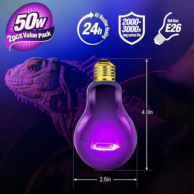 Leoterra Night Heat Lamp for Reptiles 2PACK 50W Heat Bulb Black Night Heat Light for Reptiles,120V E26 Base for Lizard Bearded Dragon Leopard Snake Turtle,Easy to Install and Replace