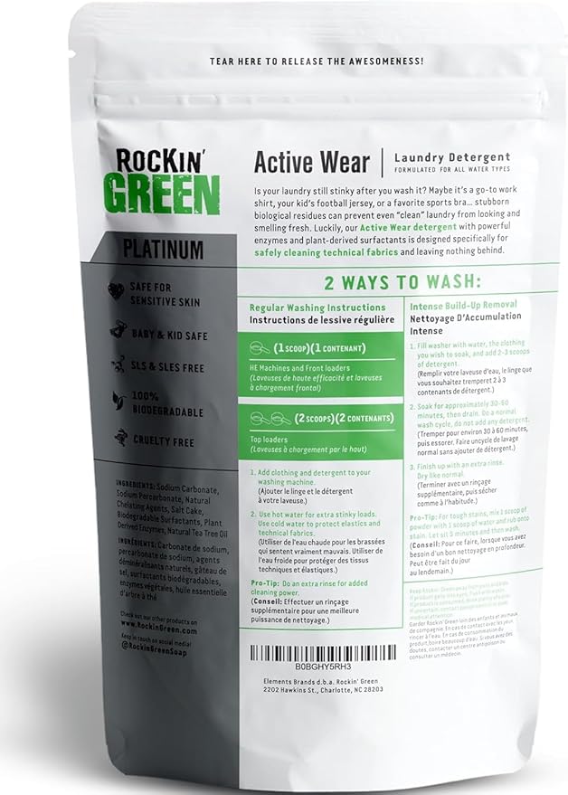 Rockin' Green Laundry Detergent, Plant based, All Natural Laundry Detergent Powder, Vegan and Biodegradable Odor Fighter, Safe for Sensitive Skin (Active Wear 90 Loads - Smashing Watermelons)