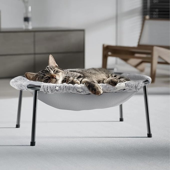 Elevated Cat Bed, Glow-in-The-Dark Fabric Cat Hammock Bed for Large Indoor Cats, Machine Washable & Breathable Cover, Tool Free Easy Assembly, up to 66Lbs (Gray, L)
