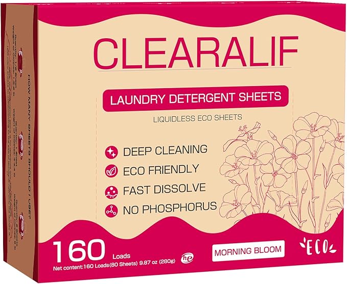 CLEARALIF Laundry Detergent Sheets 80 Sheets (Up to 160 Loads), Morning Bloom - Great For Apartments, Dorms,Eco Friendly