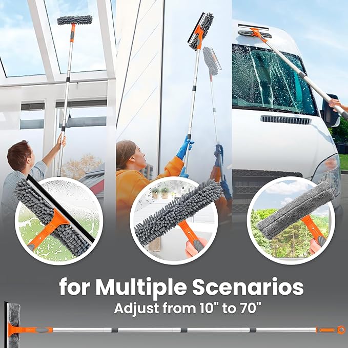 Professional Window Squeegee Cleaner, 2 in 1 Shower Squeegee with Extension Pole, 65”Telescopic Window Washing Equipment with 180°Adjustable Head, Glass Cleaning Tools for Outdoor High Window