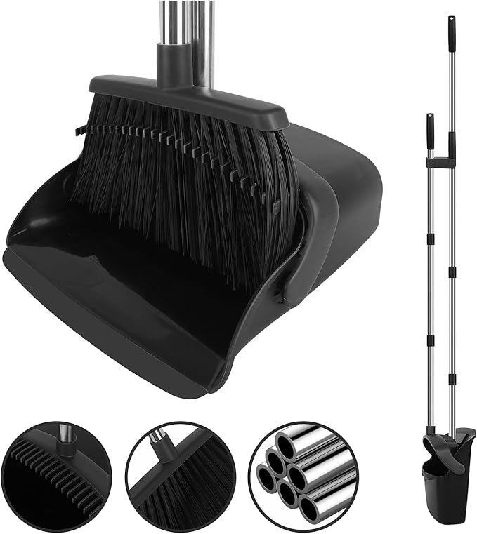 Broom and Dustpan Set, Large Household Broom with Dustpan Combo Set, 55" Long Handle Black Dust Pan Kit for Kitchen Lobby Office Indoor Outdoor
