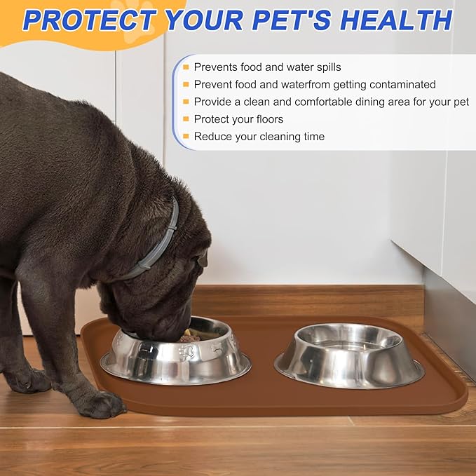 Silicone Pet Feeding Mat with Raised Edge for Food and Water, Dog Bowl Mats, Cat Bowls Placemat with High Lip for Floor Waterproof, Rubber Tray for Cats and Dogs 24 x 16 x0.8 Brown