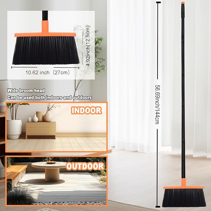 Small Broom Stiff Bristles Brush with Long Handle Indoor or Outdoor Compact Broom for Sweeping Patio Garage Garden,Deck,Concrete Floor,Bathroom (Orange)