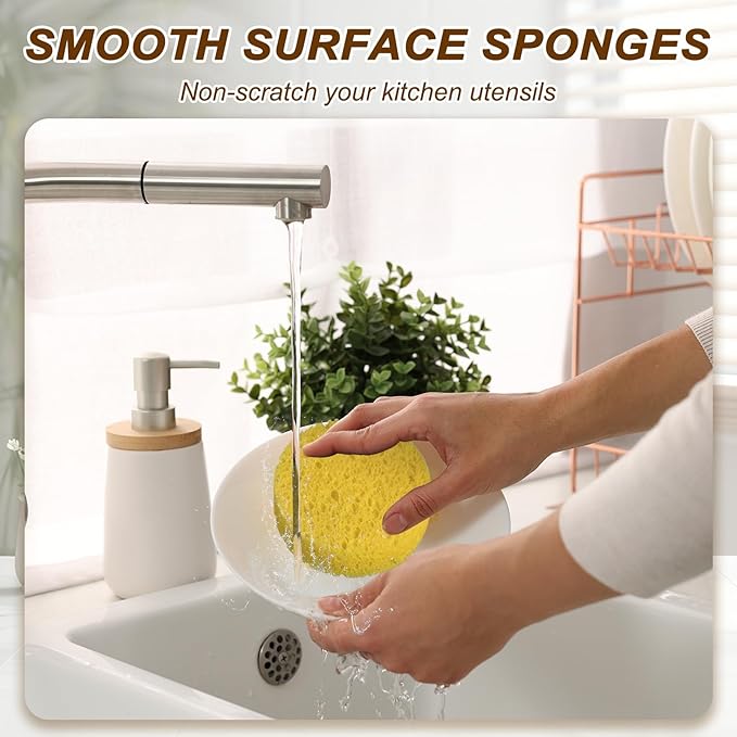 uxcell 10Pcs Cellulose Sponges, Round Kitchen Clean Sponges Non-Scratch Compressed Dish Scrubber for Kitchen Household Cookware Bathroom Cleaning & DIY, Gold