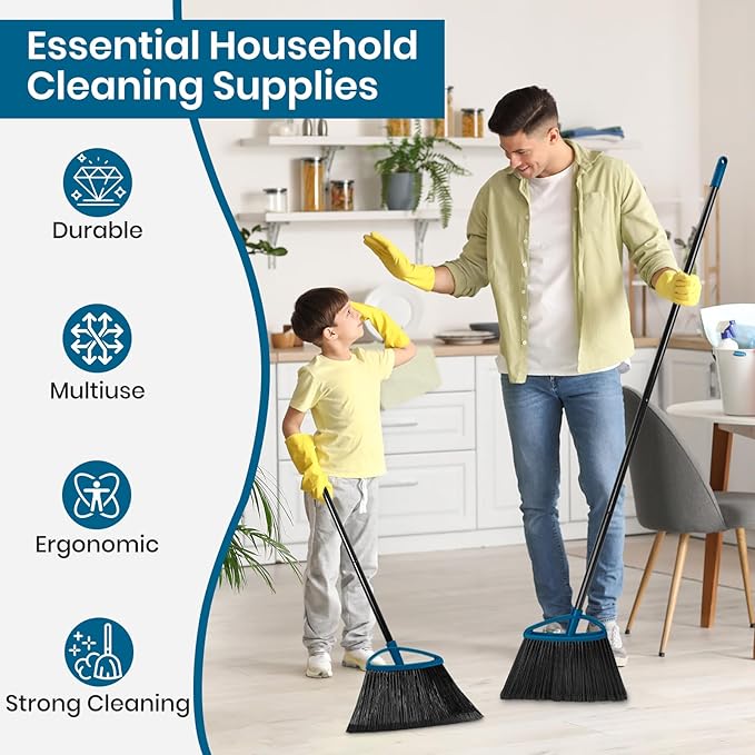 MAVRIZ 3 Pack Heavy Duty Broom Outdoor with 60" Long Handle Stiff Bristle Kitchen Broom for Sweeping Indoor Angle Broom for Floors, Shop Restaurant Garage Patio