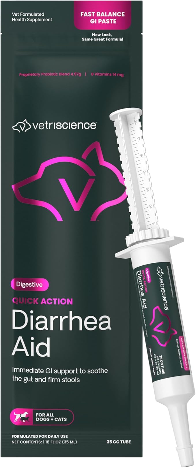 VetriScience Quick Action Diarrhea Aid Paste with Probiotics & B Vitamins, Fast Balance Digestive Support Supplement for Dogs and Cats, Gut Balancer, Help Stop Diarrhea, Unflavored, 35 cc