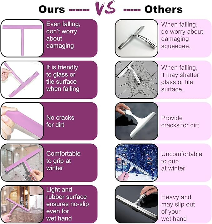 Shower Squeegee with Silicone Hook, 11" Inch Width All Purpose Squeegee Wiper for Shower Glass Doors Bathroom Mirror Tiles Car Window Cleaner Tool - Pink